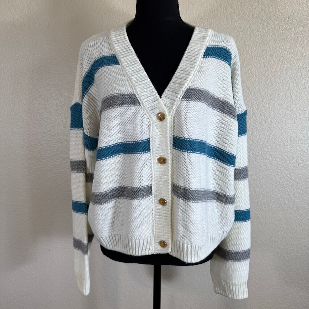 NWT Stitches & Stripes V-Neck Buttoned Cardigan striped Cream Blue Gray Women XL